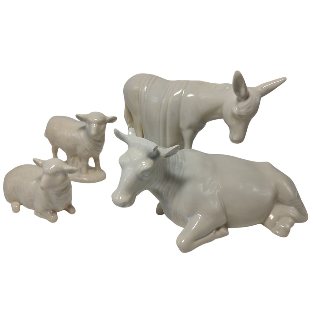 Vintage Nativity Holland Mold‎ Barn Animals 1992 Ivory Blue Four Piece Set SEE